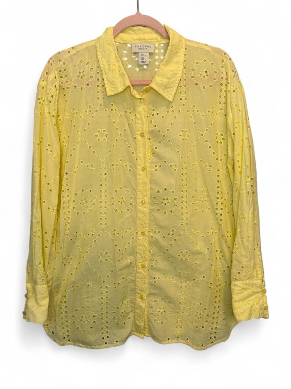Calypso St. Barth Yellow Cotton Eyelet Button Down Blouse Top Large Cottagecore